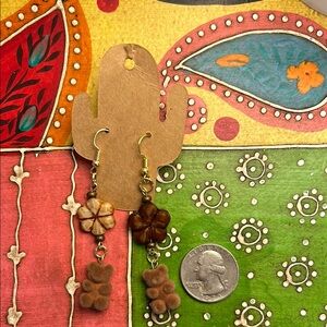 Brown Floral Fuzzy Bear Dangle Earrings